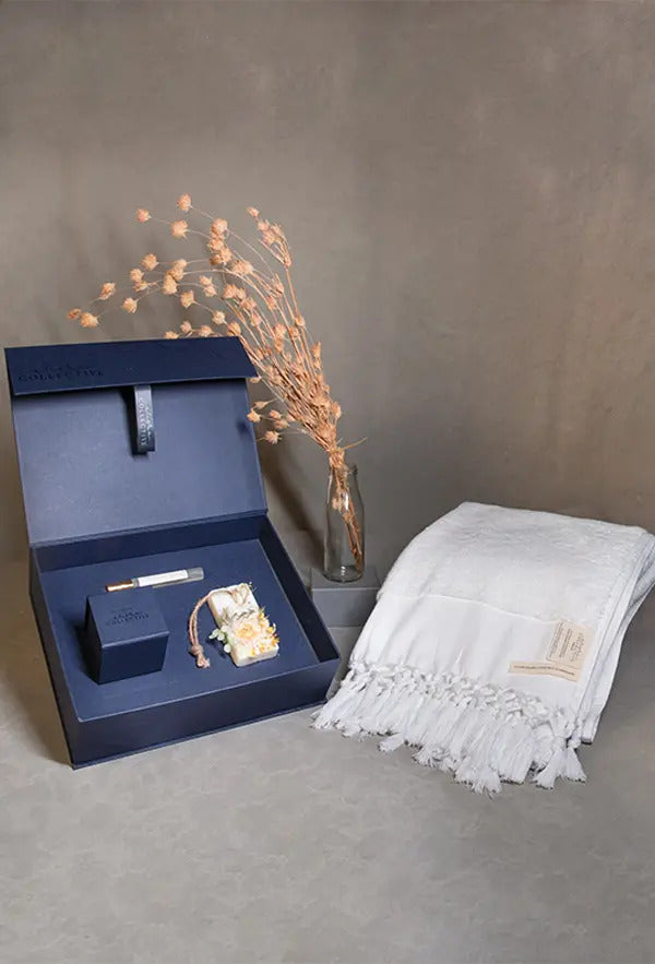 Bathing Ritual Gift Hamper- Plush & Bare Towel White, Japanese Cherry Blossom Scented Candle, Lavender Vanilla Wax Tablet, Basil Sambac Towel Perfume
