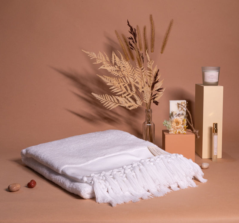 Bathing Ritual Gift Hamper- Plush & Bare Towel White, Japanese Cherry Blossom Scented Candle, Lavender Vanilla Wax Tablet, Basil Sambac Towel Perfume