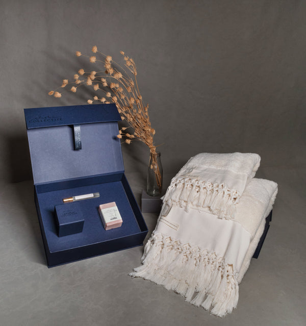Ultra Plush Bath Indulgence Gift Hamper- Ecru Towels, Candle, Soap & Towel Perfume