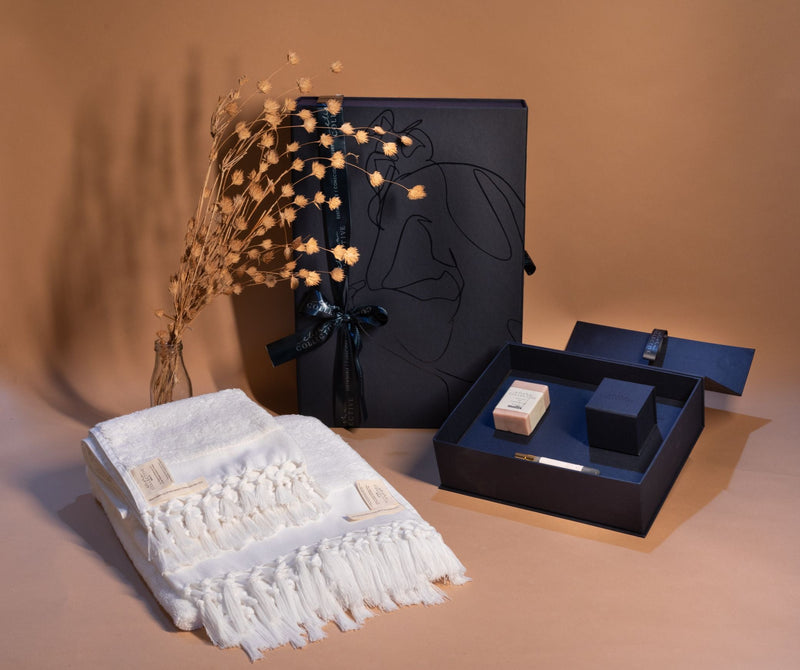 Ultra Plush Bath Indulgence Gift Hamper- White Towels, Candle, Soap & Towel Perfume