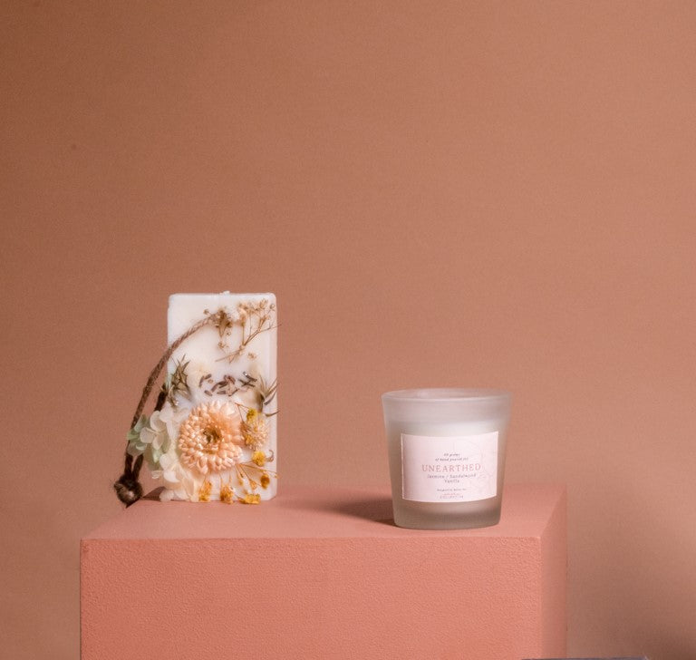 Bathing Ritual Gift Hamper- Plush & Bare Towel White, Japanese Cherry Blossom Scented Candle, Lavender Vanilla Wax Tablet, Basil Sambac Towel Perfume